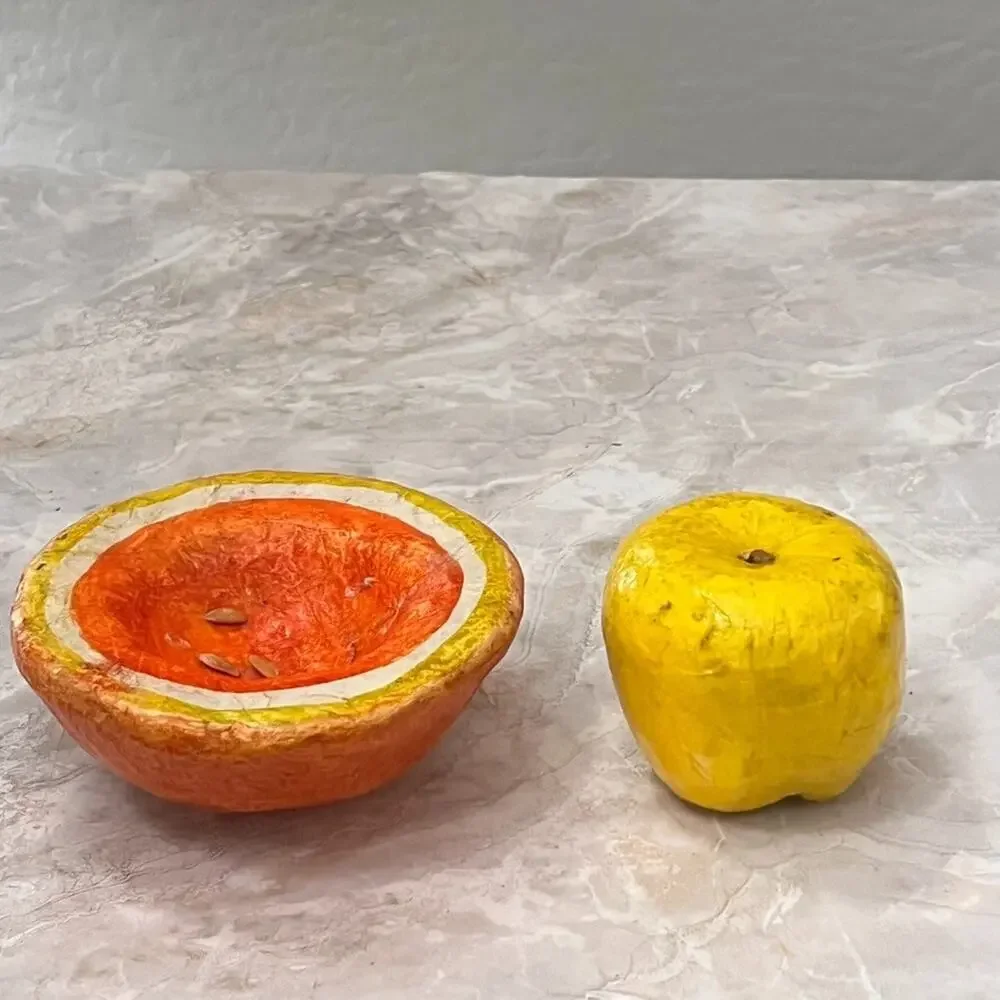 Paper-mache Yellow Apple & Grapefruit Vintage Display Decor Pair Of 2